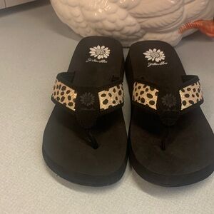 Yellow Box Flip Flop Sandals with Gold Leopard Strap
